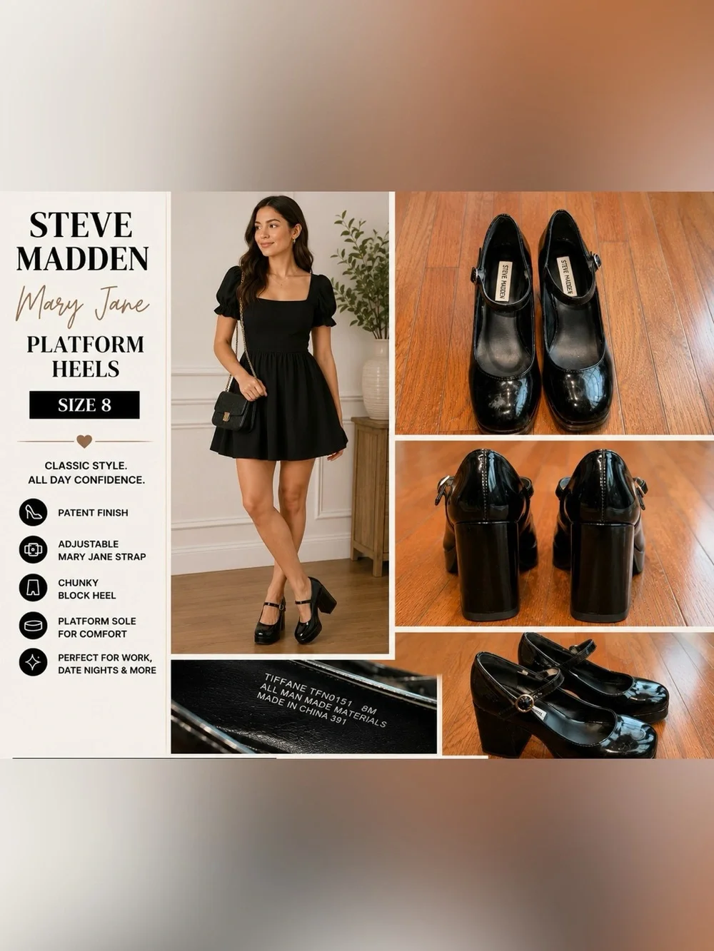 Steve Madden Tiffany Black Patent Mary Jane Platform Heels Size 8